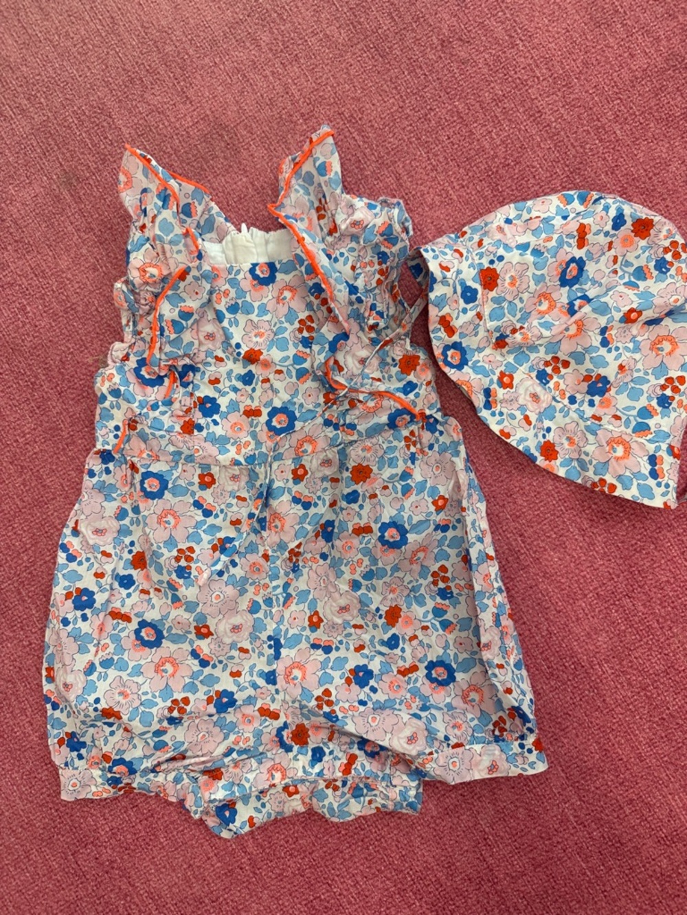 Jacadi Floral Ruffle Baby Romper with Matching Sun Hat - Blue, Pink & Orange